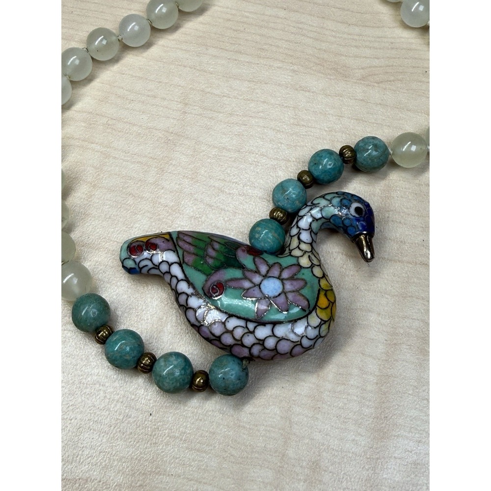 VTG Chinese jade? Cloisonne Brass Enamel Goodluck Goose Bird‎ Pendant Necklace - Picture 3 of 16